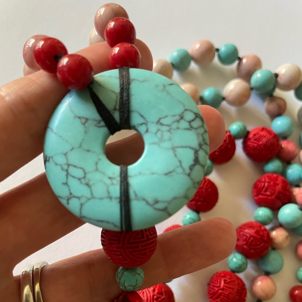 Knotted Beaded Necklace in Turquoise, Cinnabar & Peach Stones, mala style - Picture 3 of 7